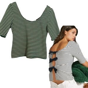 Anthropologie Sunday in Brooklyn Green White Stripe Bow Back Blouse